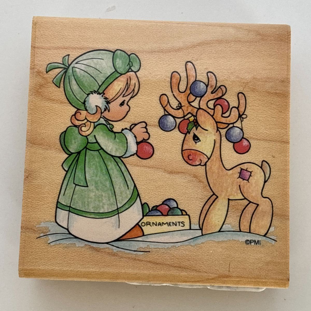 Precious Moments Rubber Stamp Christmas Deer Reindeer Card Making Ornaments Stampendous Wood Mounted