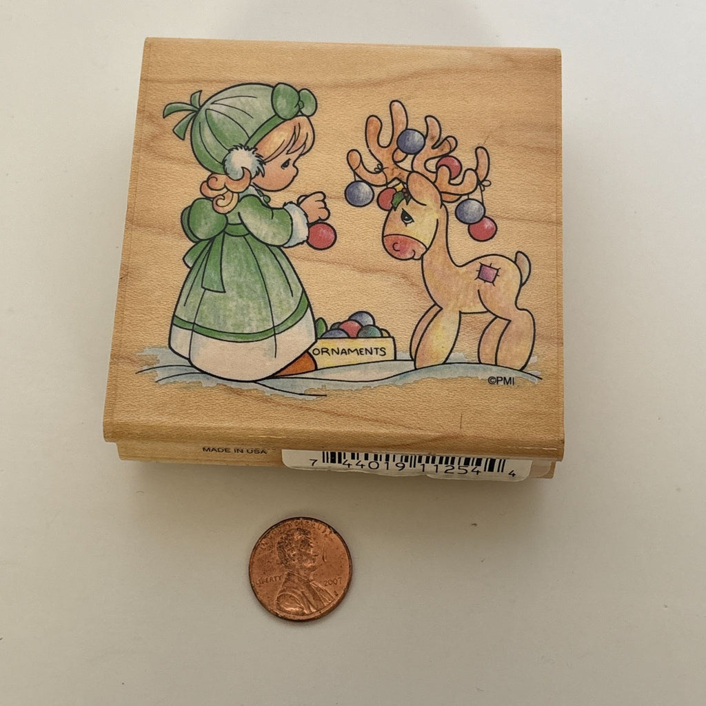 Precious Moments Rubber Stamp Christmas Deer Reindeer Card Making Ornaments Stampendous Wood Mounted