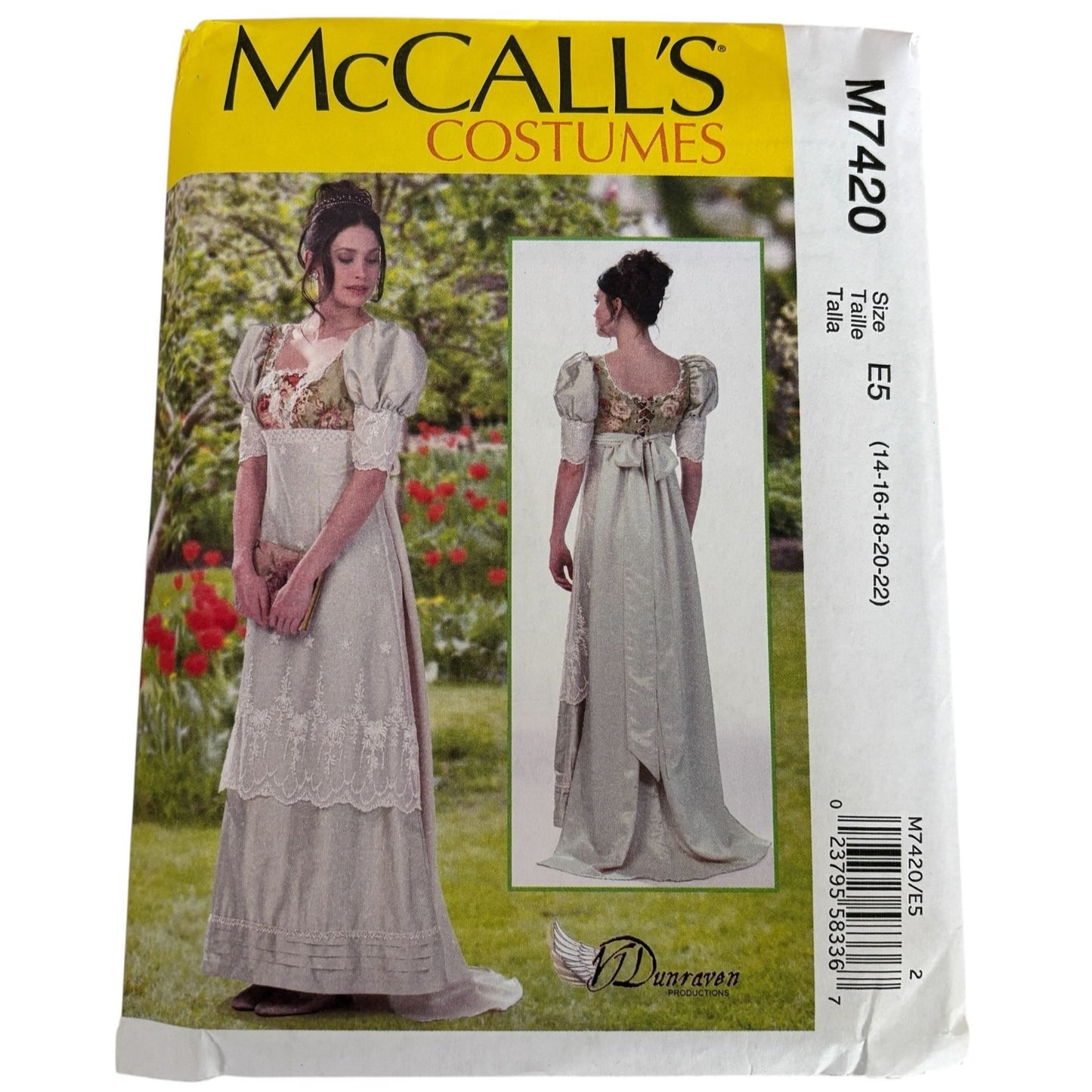 McCalls Sewing Pattern M7420 Regency Dress Empire Waist Gown Dunraven Costume 14-22 Uncut