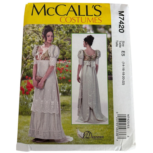 McCalls Sewing Pattern M7420 Regency Dress Empire Waist Gown Dunraven Costume 14-22 Uncut