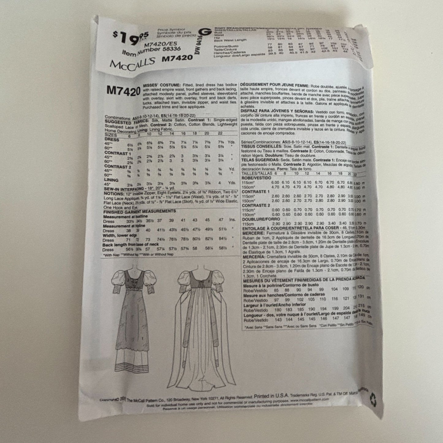 McCalls Sewing Pattern M7420 Regency Dress Empire Waist Gown Dunraven Costume 14-22 Uncut