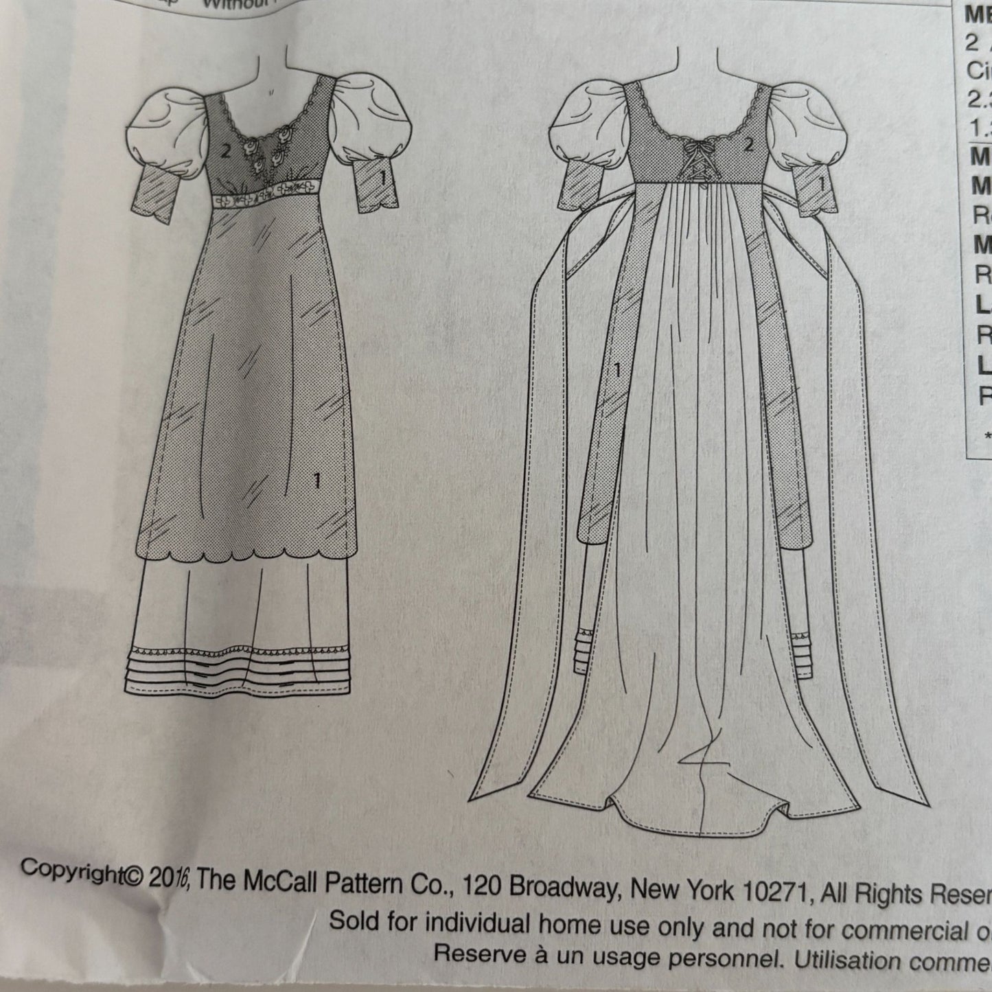 McCalls Sewing Pattern M7420 Regency Dress Empire Waist Gown Dunraven Costume 14-22 Uncut