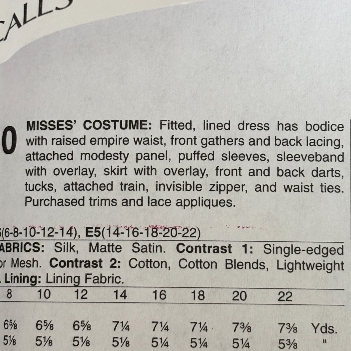McCalls Sewing Pattern M7420 Regency Dress Empire Waist Gown Dunraven Costume 14-22 Uncut