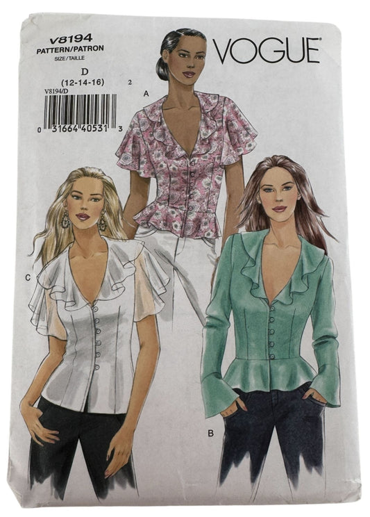 Vogue Sewing Pattern V8194 Misses Top Shirt Flounce Collars Peplum 12-16 Easy UC