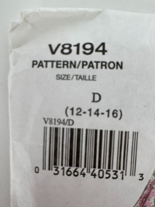 Vogue Sewing Pattern V8194 Misses Top Shirt Flounce Collars Peplum 12-16 Easy UC
