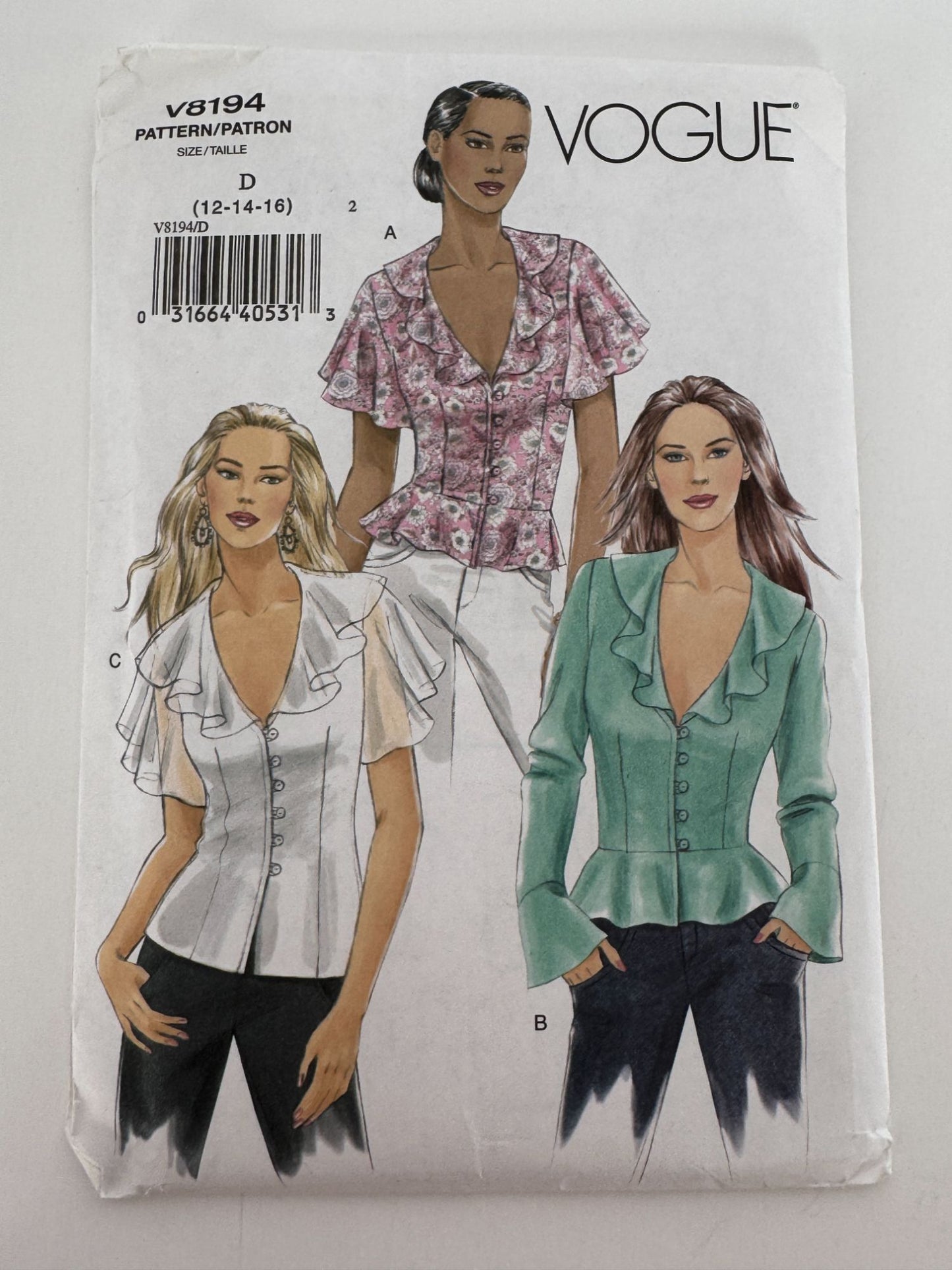 Vogue Sewing Pattern V8194 Misses Top Shirt Flounce Collars Peplum 12-16 Easy UC