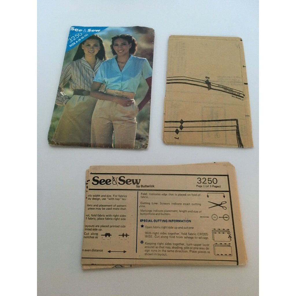 Butterick See & Sew 3250 Vintage 1980s Blouse Sewing Pattern Size 8 10 12 Retro Top