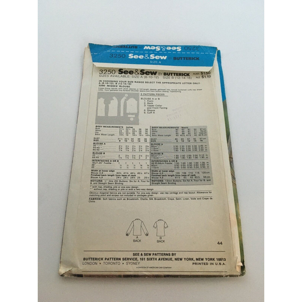 Butterick See & Sew 3250 Vintage 1980s Blouse Sewing Pattern Size 8 10 12 Retro Top