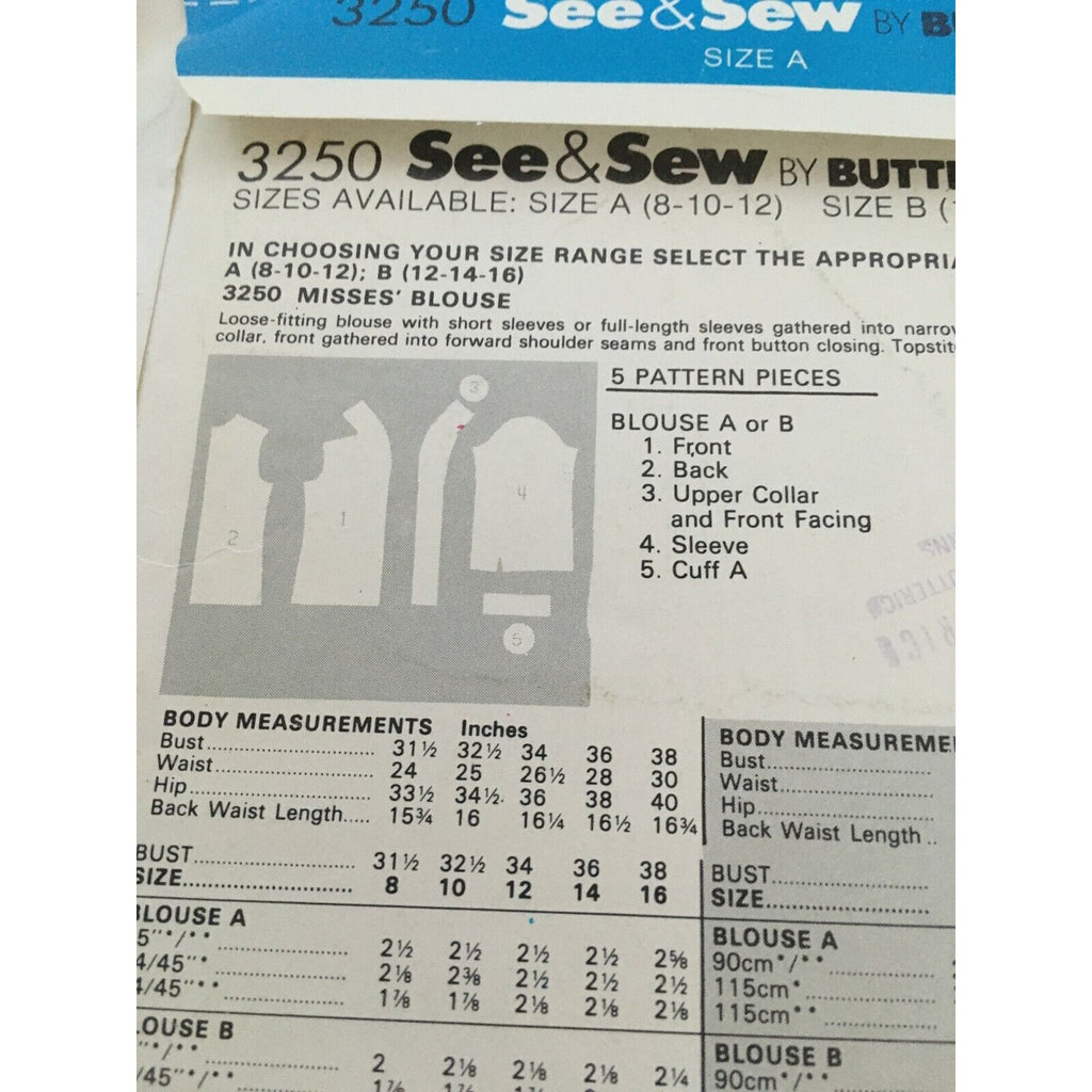 Butterick See & Sew 3250 Vintage 1980s Blouse Sewing Pattern Size 8 10 12 Retro Top