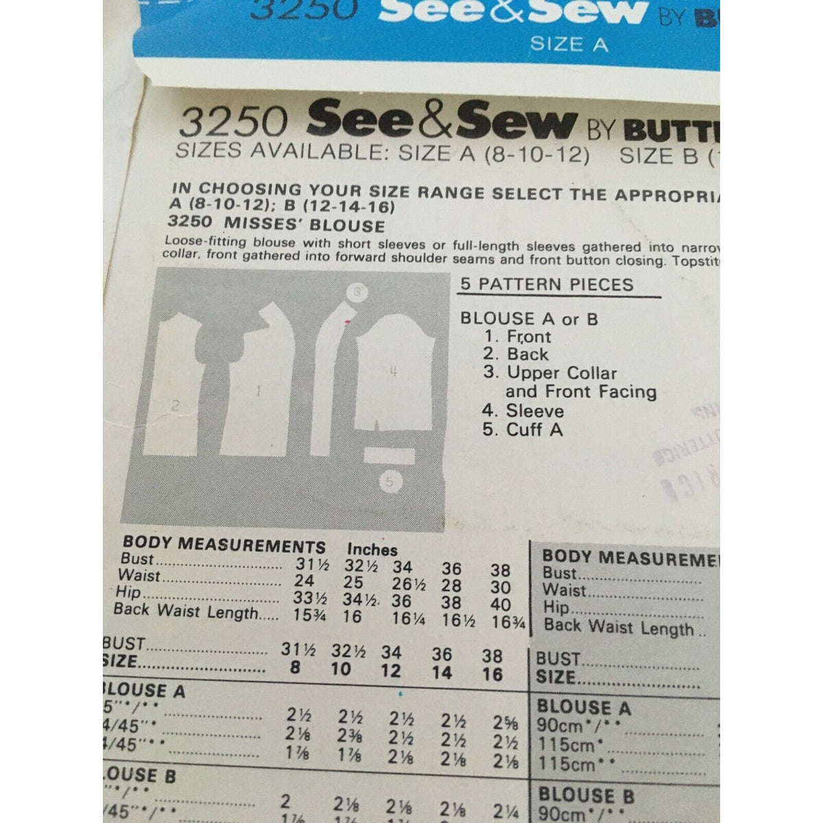 Butterick See & Sew 3250 Vintage 1980s Blouse Sewing Pattern Size 8 10 12 Retro Top