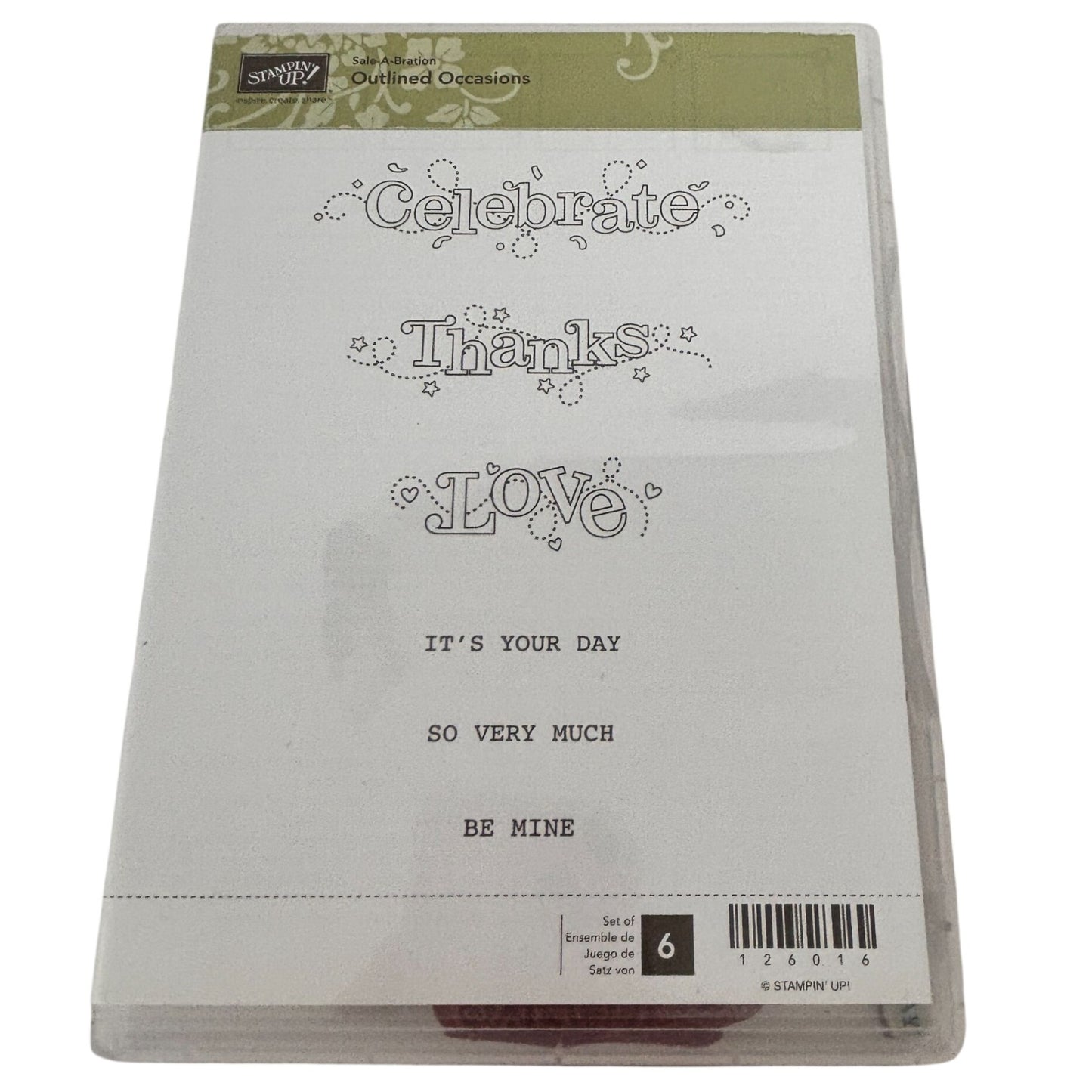 Stampin Up Clear Mount Rubber Stamp Set Outlined Occasions Celebrate Thanks Love Be Mine
