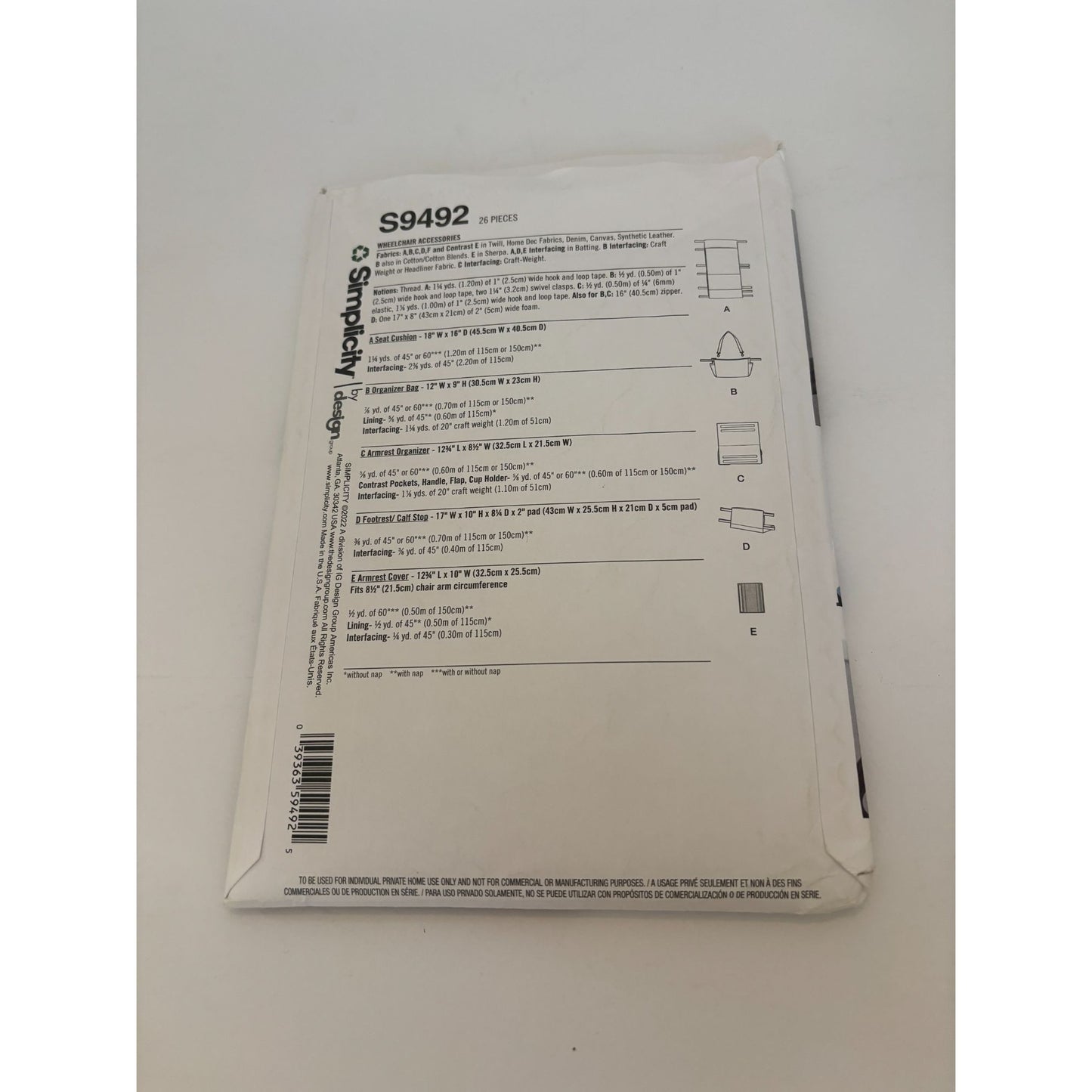 Simplicity Sewing Pattern S9492 Adaptive Wheelchair Seat Cushion Organizer Bag