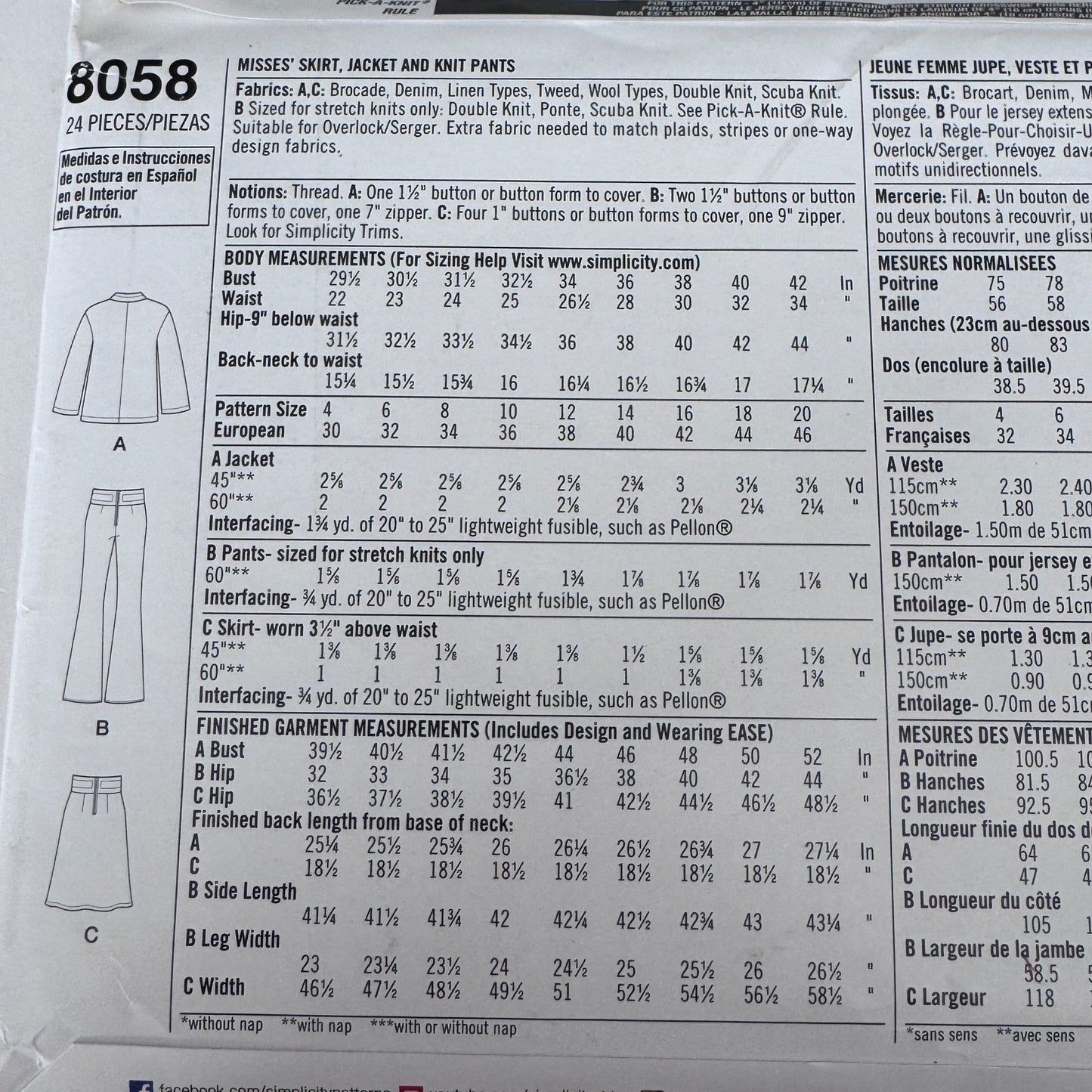 Simplicity Sewing Pattern 8058 Work Suit  Jacket Pants Skirt Modern Chic Wardrobe 12-20 Uncut