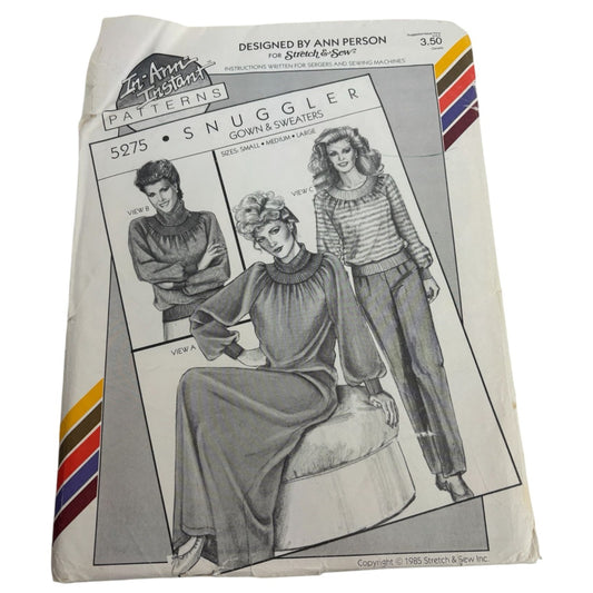 Stretch and Sew Sewing Pattern 5275 Snuggler Gown Dress Sweaters S M L Cowl Neck