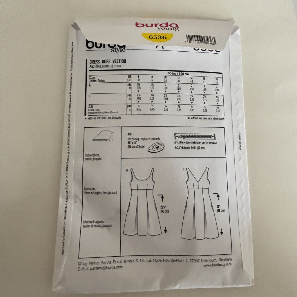 Burda Young Sewing Pattern 6536 Fit Flare Dress Sundress Modern Feminine 6-18 Uncut