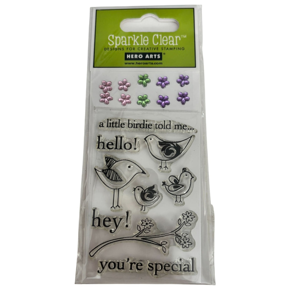 Hero Arts Sparkle Clear Stamp Set Hello Birdie with Flower Embellishments Craft Cardmaking Scrapbooking