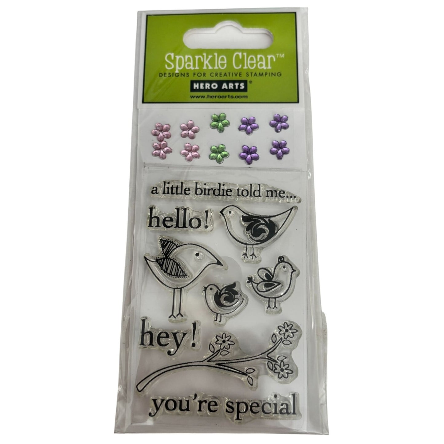 Hero Arts Sparkle Clear Stamp Set Hello Birdie with Flower Embellishments Craft Cardmaking Scrapbooking