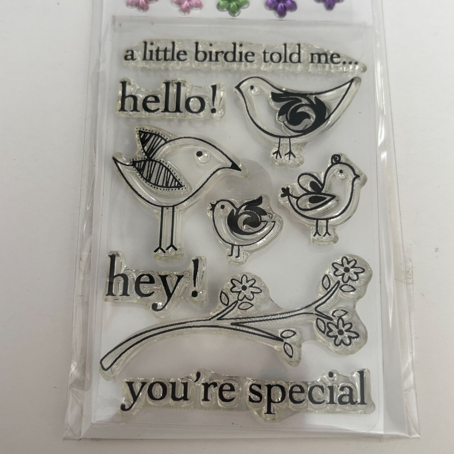 Hero Arts Sparkle Clear Stamp Set Hello Birdie with Flower Embellishments Craft Cardmaking Scrapbooking
