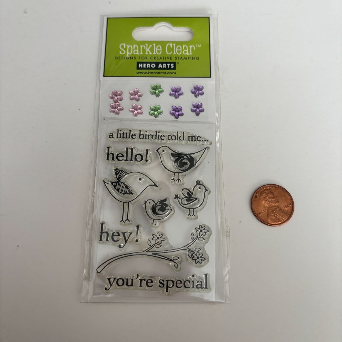 Hero Arts Sparkle Clear Stamp Set Hello Birdie with Flower Embellishments Craft Cardmaking Scrapbooking