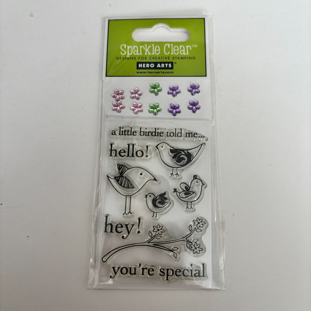 Hero Arts Sparkle Clear Stamp Set Hello Birdie with Flower Embellishments Craft Cardmaking Scrapbooking