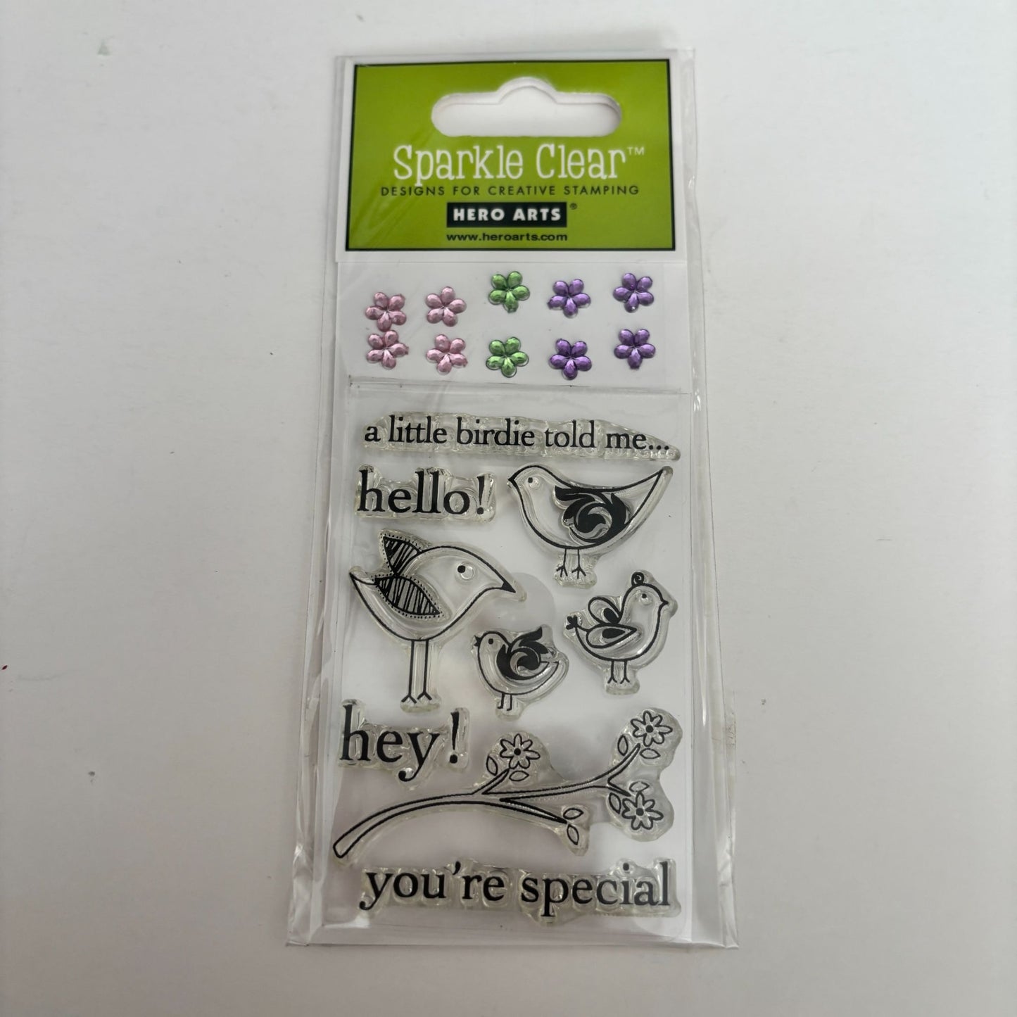 Hero Arts Sparkle Clear Stamp Set Hello Birdie with Flower Embellishments Craft Cardmaking Scrapbooking