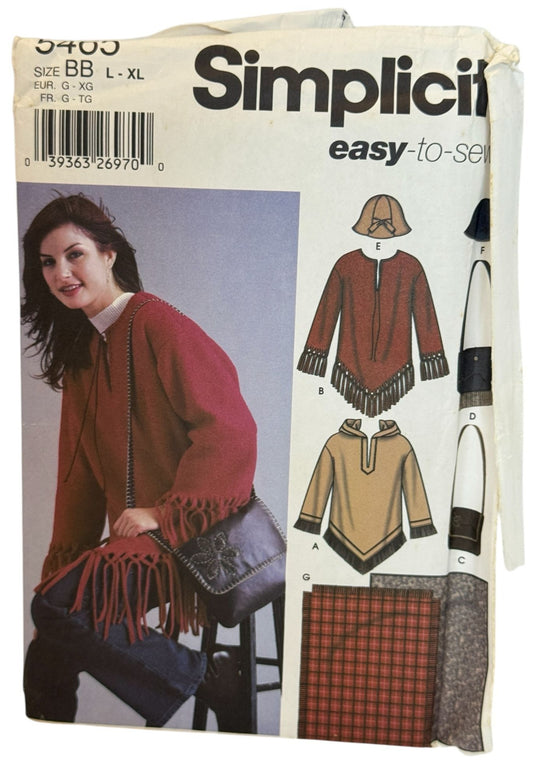 Simplicity Sewing Pattern 5465 Easy Poncho Top Bag Hat Blanket Winter L XL 18-24