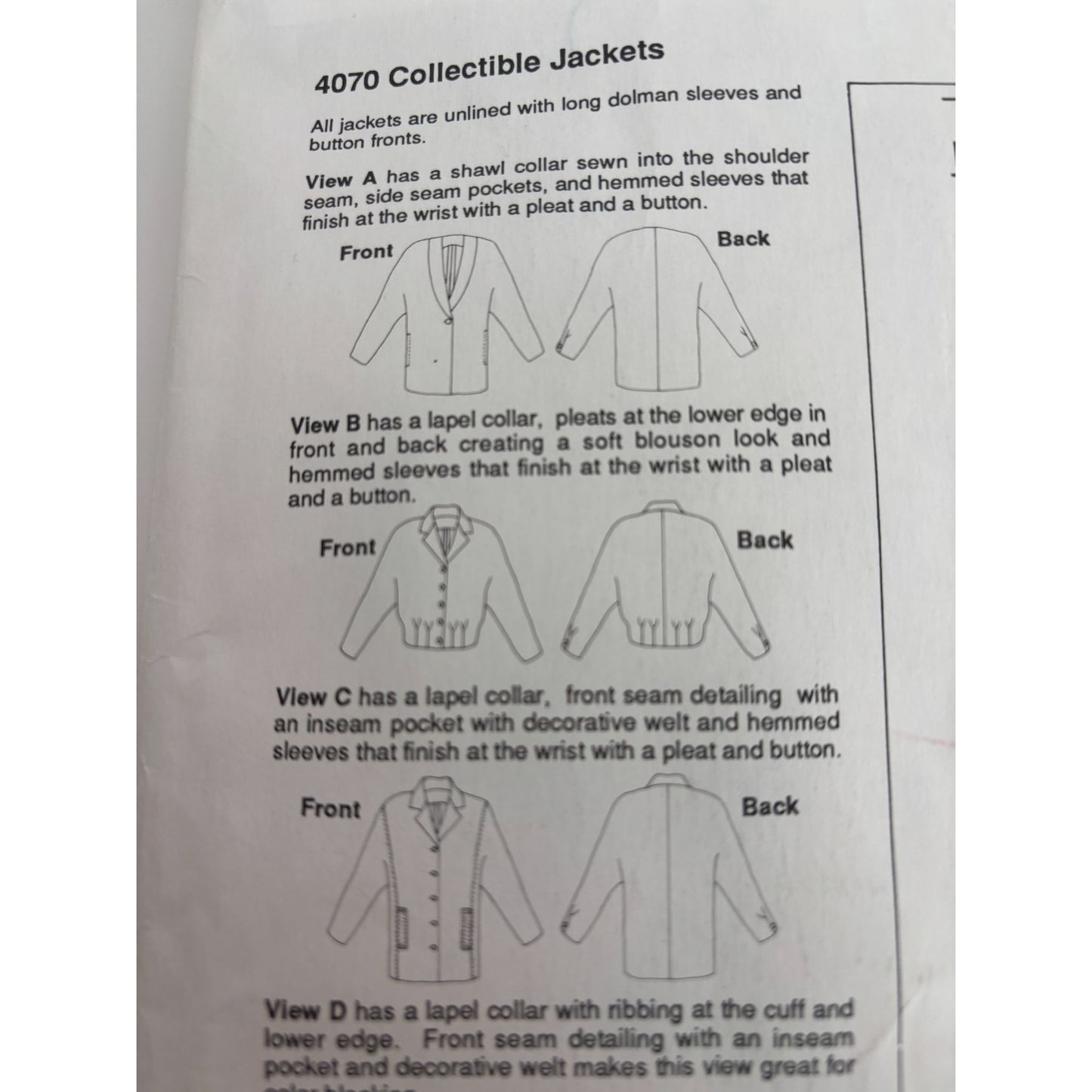 Stretch and Sew Sewing Pattern 4070 Jacket Dolman Sleeves Blazer Bust 30-46 UC