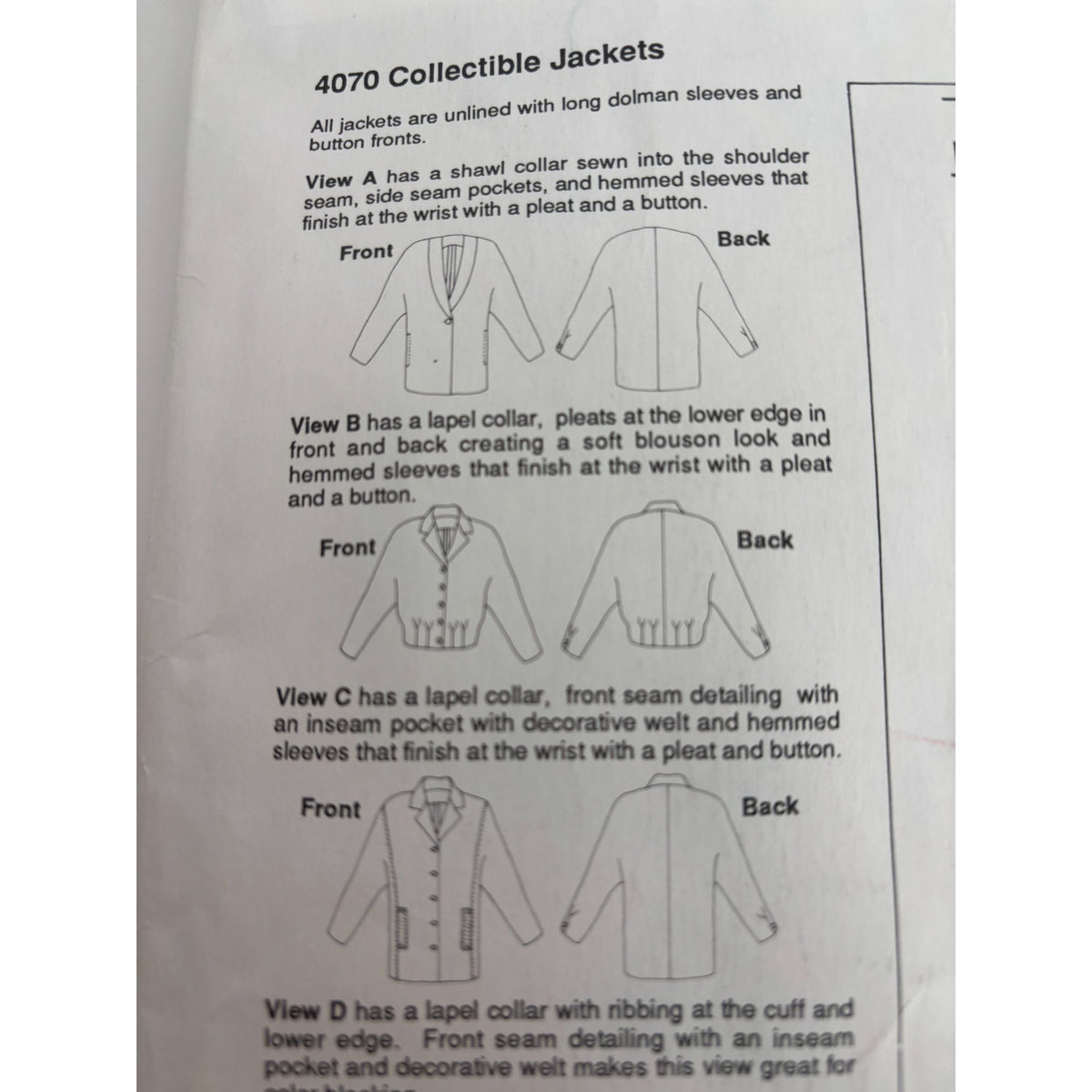 Stretch and Sew Sewing Pattern 4070 Jacket Dolman Sleeves Blazer Bust 30-46 UC