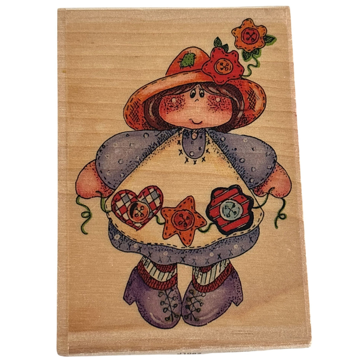Stamp Affair Rubber Stamp Lillys Garden Girl with Hearts Folk Art Cottagecore Cardmaking Buttons