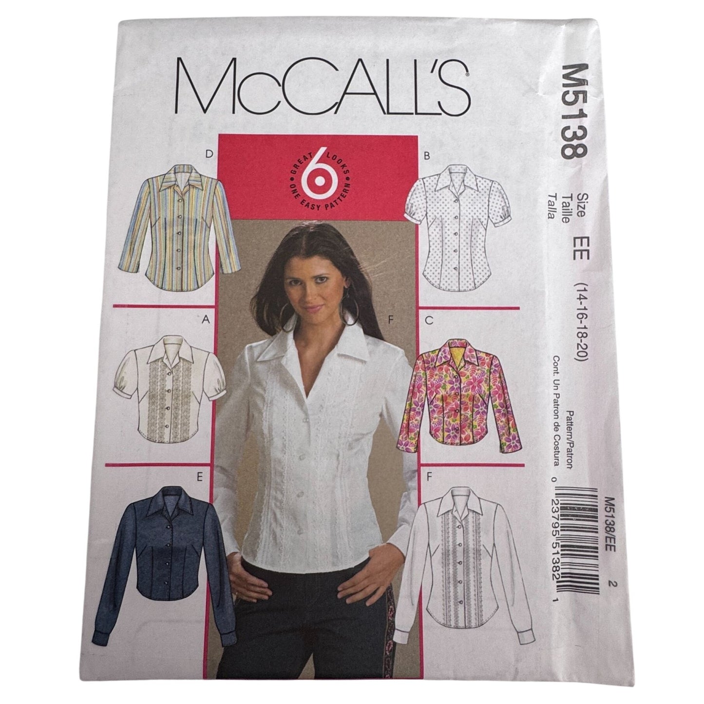 McCalls Sewing Pattern M5138 Fitted Button Down Shirt Tailored Blouse Workwear Top 14-20 Uncut