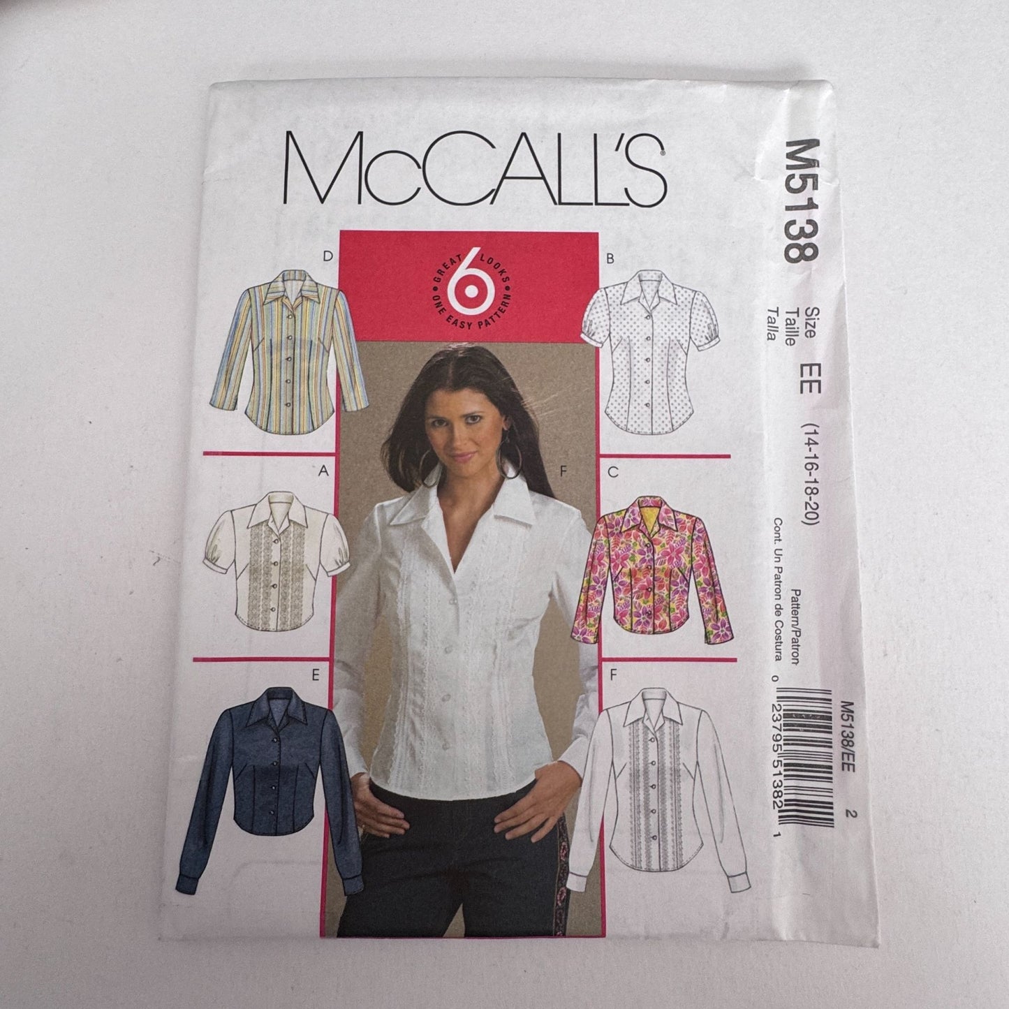 McCalls Sewing Pattern M5138 Fitted Button Down Shirt Tailored Blouse Workwear Top 14-20 Uncut