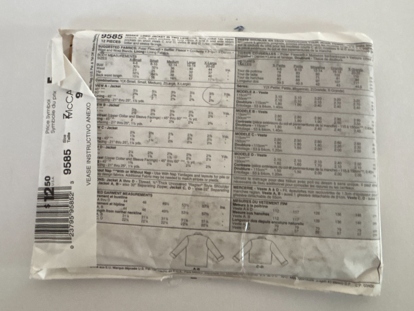 McCalls Sewing Pattern 9585 Fleece Boxy Jacket Lined Front Zipper L-XL 4-22 UC