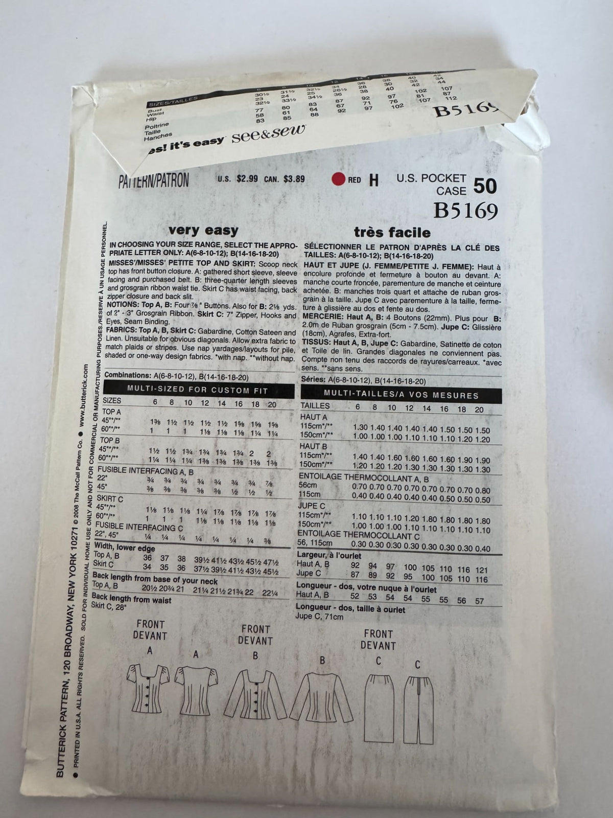 Butterick Sewing Pattern B5169 Work Top Skirt Outfit 6 8 10 12 See and Sew Uncut