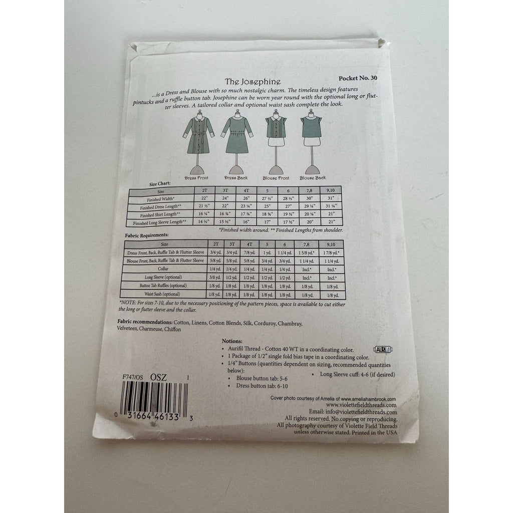 Violette Field Threads Sewing Pattern F747 Josephine Pintucked Blouse Dress UC