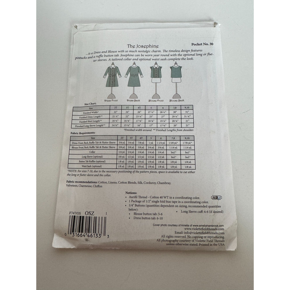 Violette Field Threads Sewing Pattern F747 Josephine Pintucked Blouse Dress UC