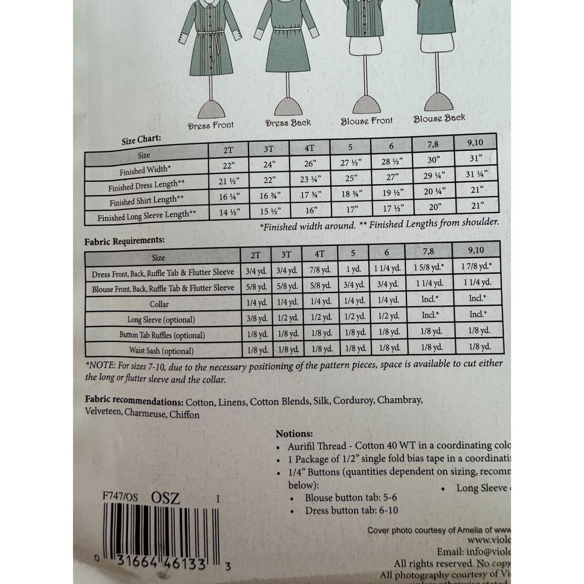 Violette Field Threads Sewing Pattern F747 Josephine Pintucked Blouse Dress UC