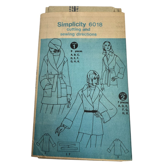 Simplicity Sewing Pattern 6018 Jacket Belted Waist Shawl Collar Patch Pockets 14