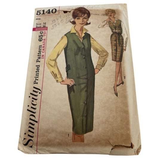 Simplicity Sewing Pattern 5140 Jumper Blouse Size 16 Bust 36 UC Vintage 1960s
