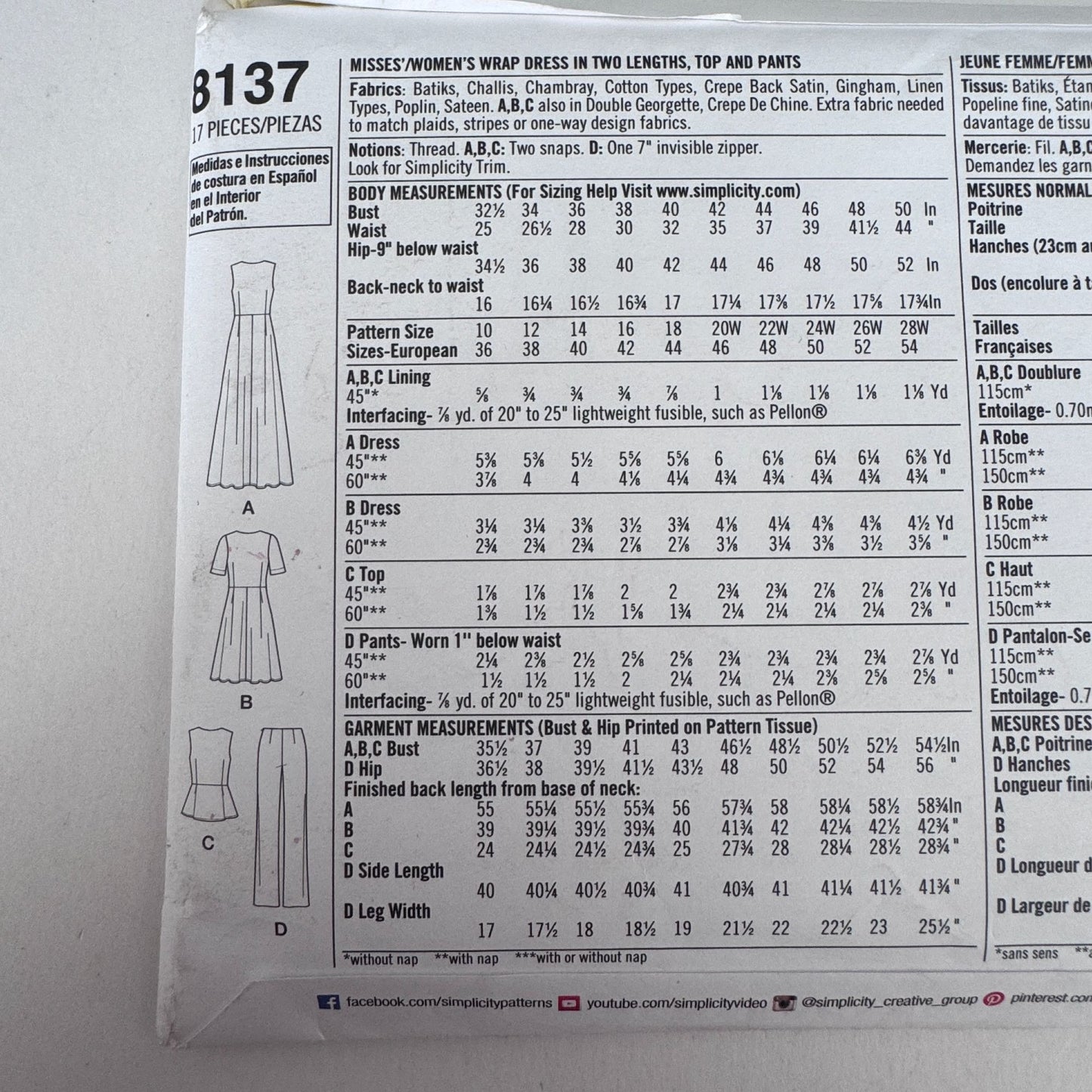 Simplicity Sewing Pattern 8137 Wrap Dress Top Pants Modern Feminine 10-18 Uncut Travel Friendly