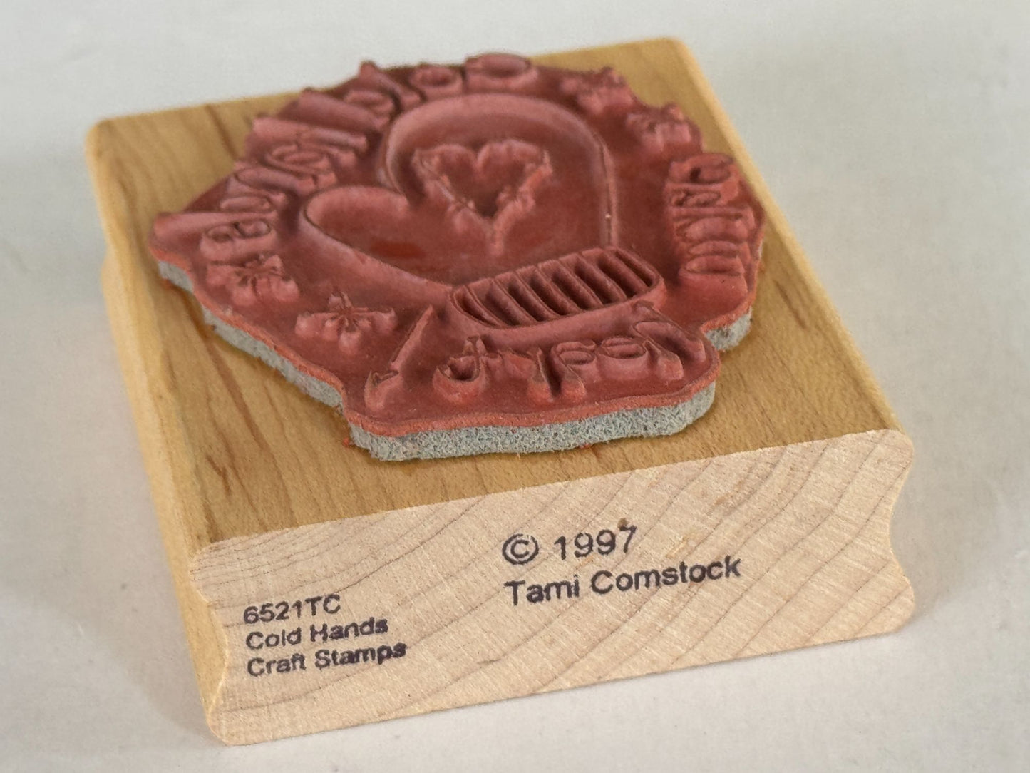 Tami Comstock Rubber Stamp Cold Hands Warm Heart Mittens Glove Heart Winter Wood