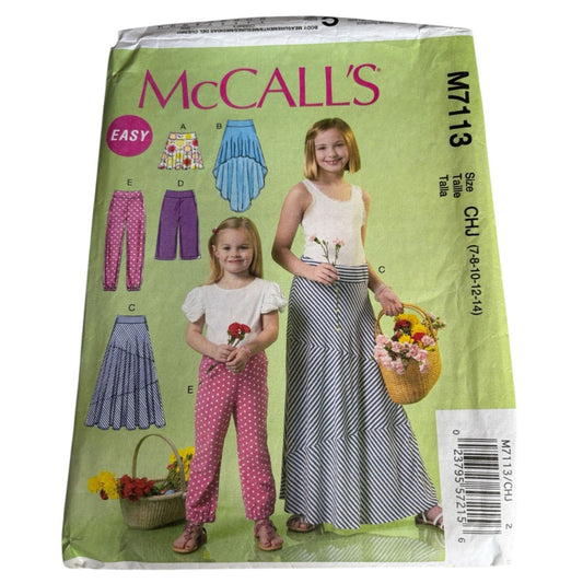 McCalls Sewing Pattern M7113 Girls Skirt Wide Leg Pants 7 8 10 12 14 Easy Uncut