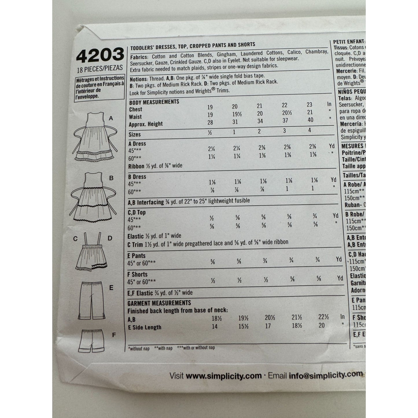 Simplicity Sewing Pattern 4203 Toddler Easy Dress Top Cropped Pants Shorts 1/2-4