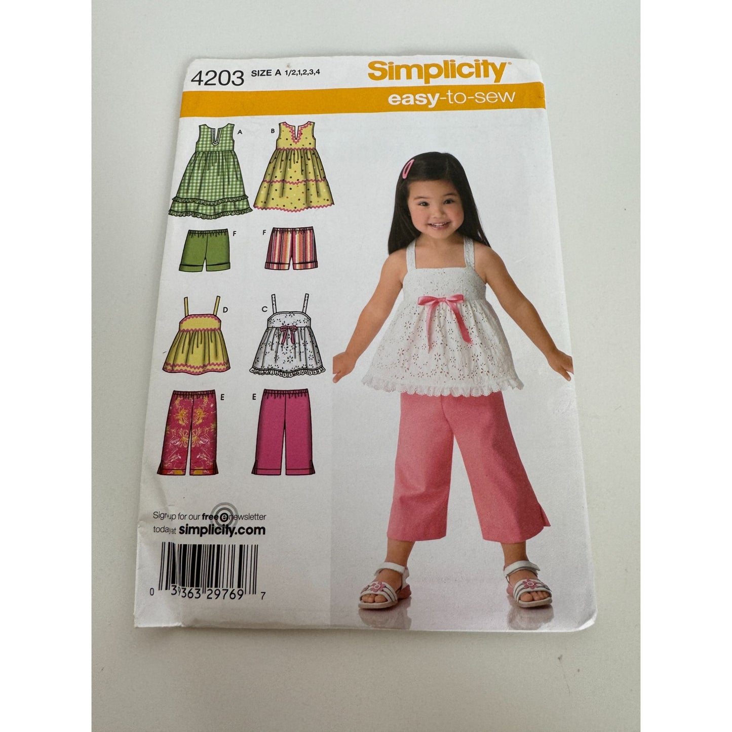 Simplicity Sewing Pattern 4203 Toddler Easy Dress Top Cropped Pants Shorts 1/2-4