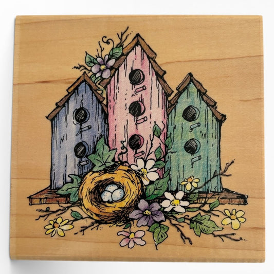 Stampendous Rubber Stamp Three Home Nest Birdhouse Bird Real Estate Card Making