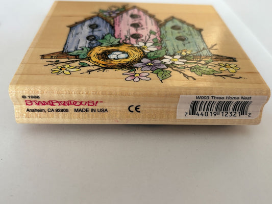 Stampendous Rubber Stamp Three Home Nest Birdhouse Bird Real Estate Card Making