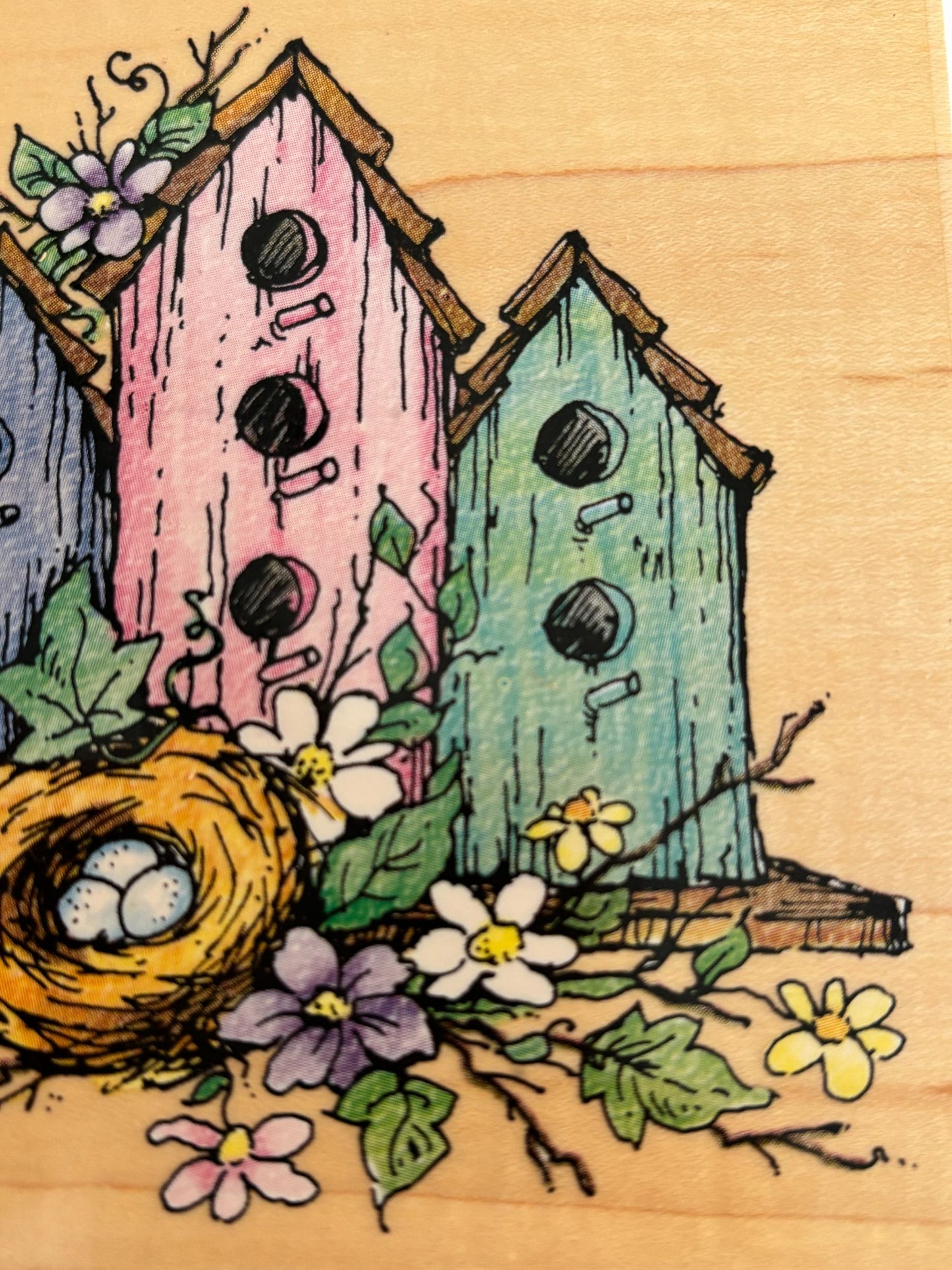 Stampendous Rubber Stamp Three Home Nest Birdhouse Bird Real Estate Card Making