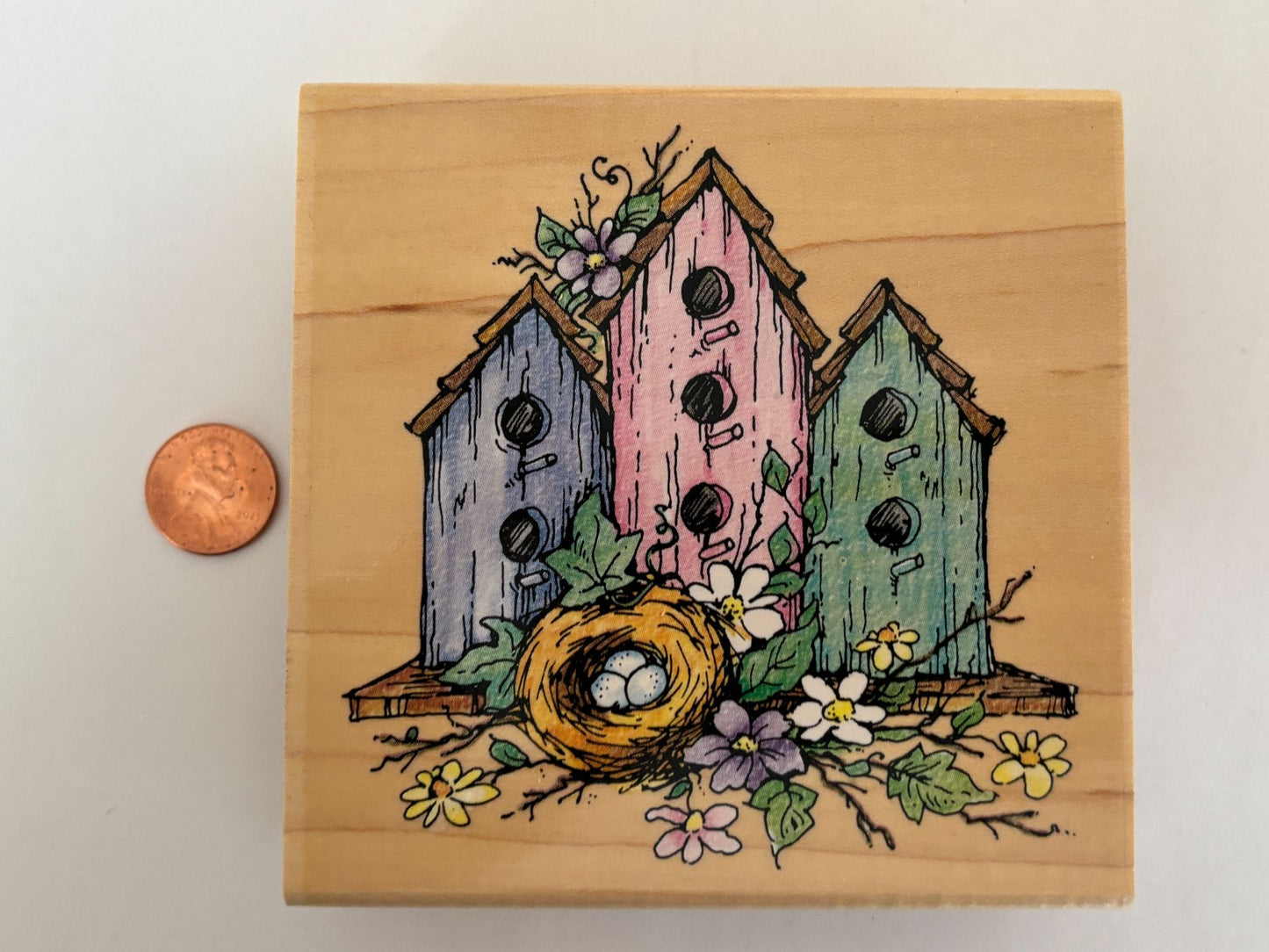 Stampendous Rubber Stamp Three Home Nest Birdhouse Bird Real Estate Card Making