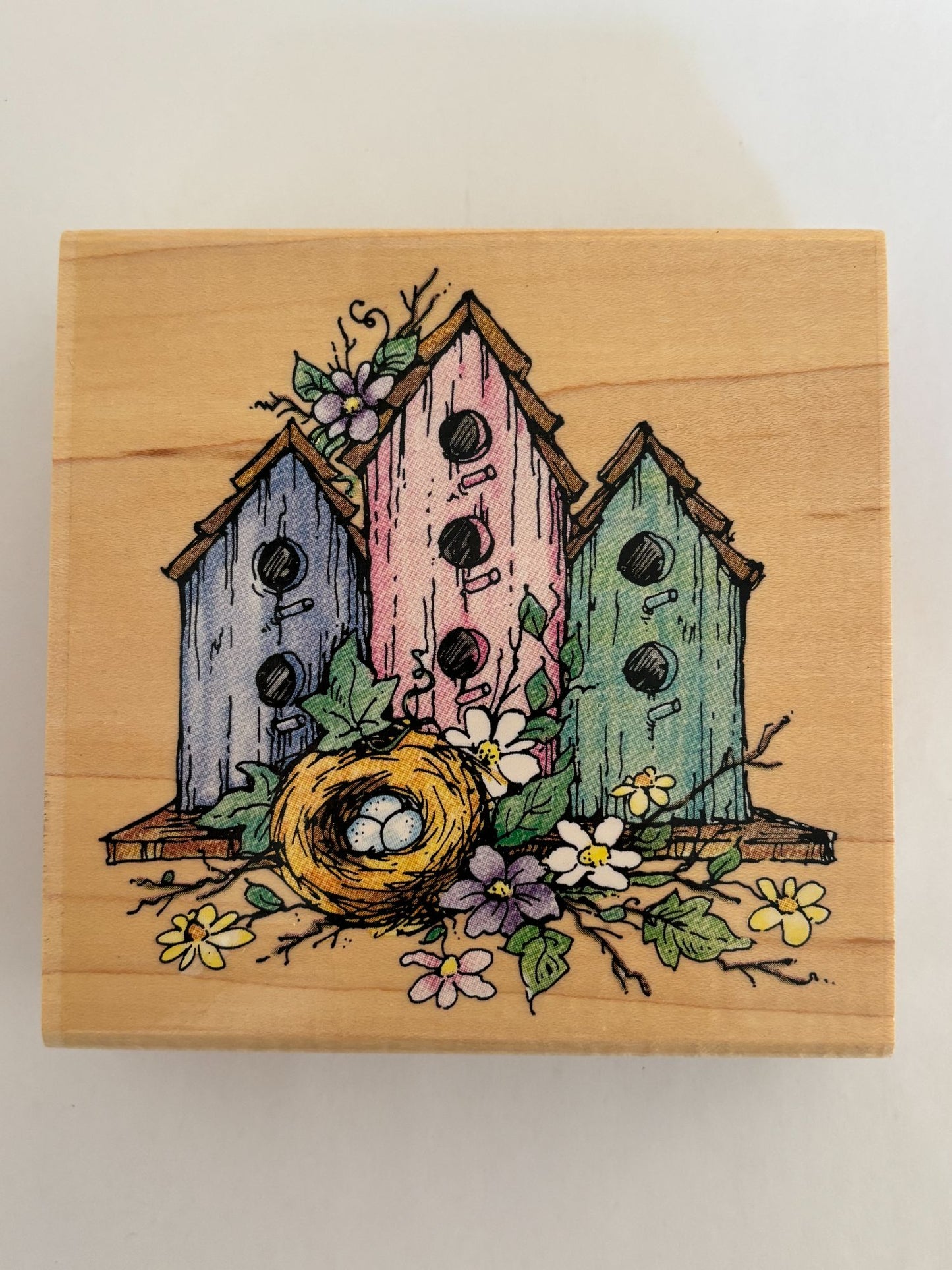 Stampendous Rubber Stamp Three Home Nest Birdhouse Bird Real Estate Card Making