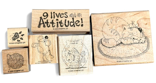 Stampin Up Wood Rubber Stamps Set Cattitude Cat Yarn Fish Bowl Paw Print Funny