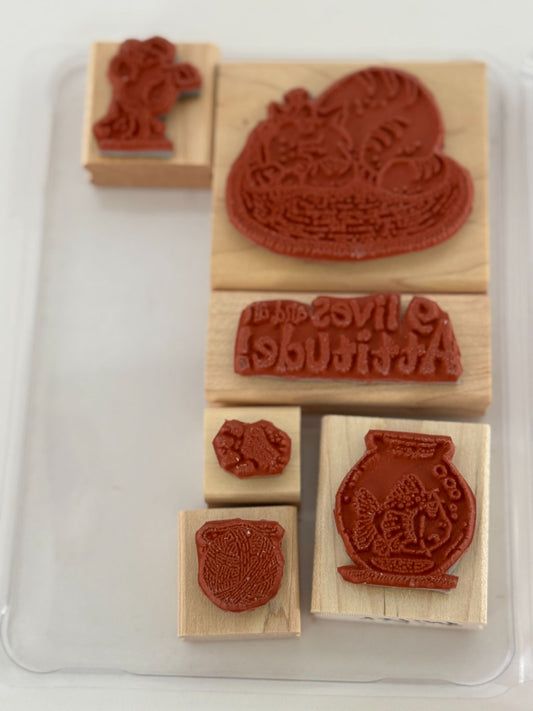 Stampin Up Wood Rubber Stamps Set Cattitude Cat Yarn Fish Bowl Paw Print Funny